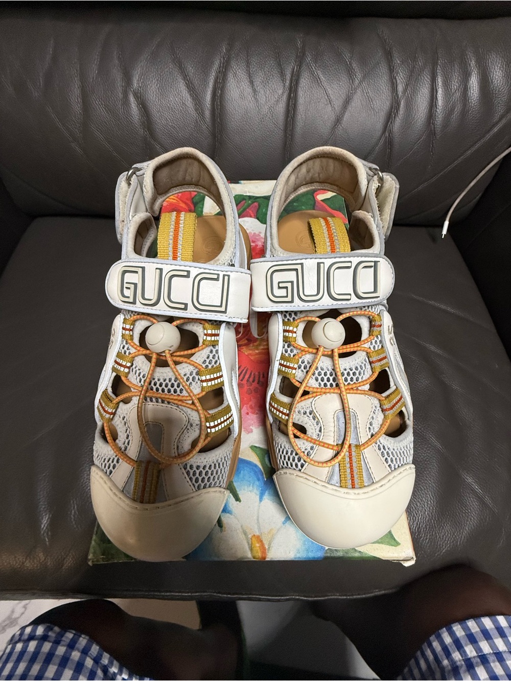 Gucci women’s White Leather & Mesh Sandals with Orange Stripe Detail